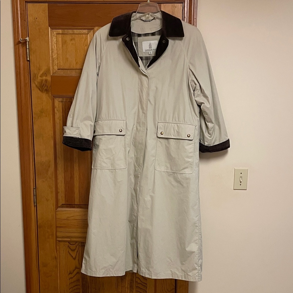 London Fog Tan Long Trench Coat with Brown Corduroy Collar and zip out lining.